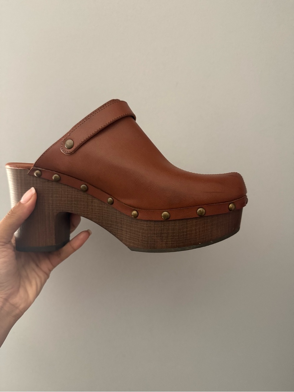True Craft Brown Leather Studded Platform Clog Mules